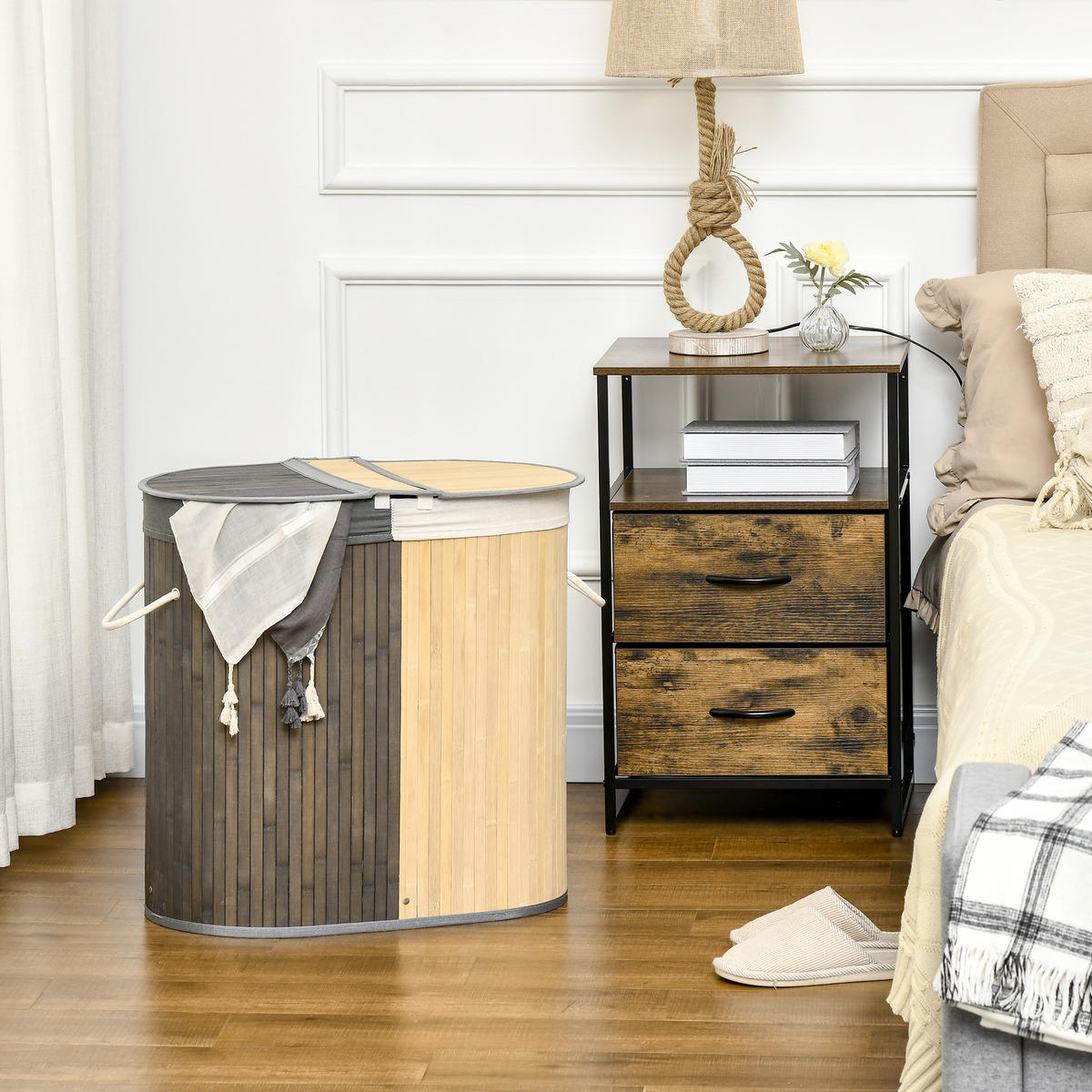 WÄSCHEKORB mit Deckel 100L Wäschesammler mit Griffen, 2 herausnehmbar Wäschesack - Grau, Naturmaterialien (37/60.5/62.5cm) - HOMCOM