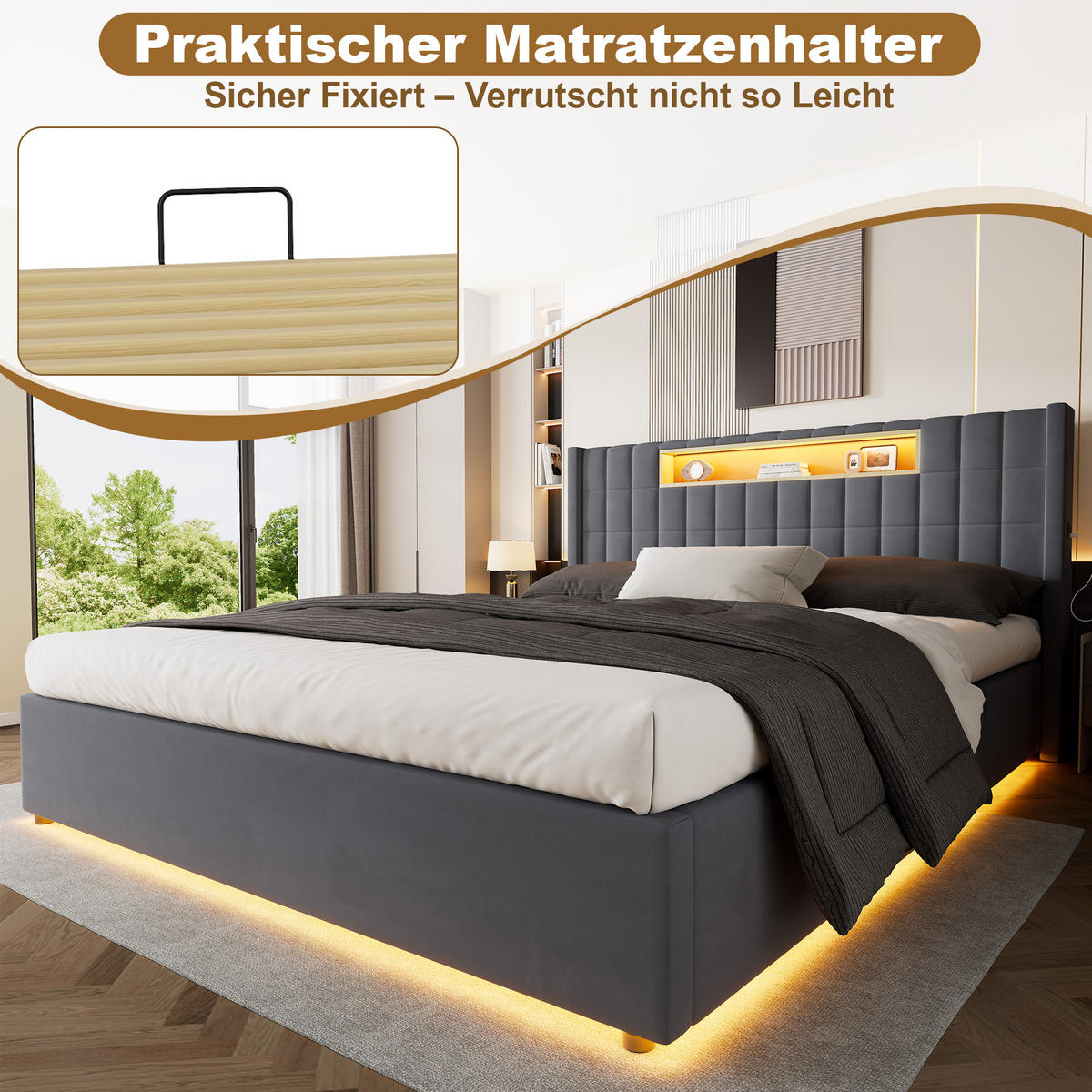 ČALÚNENÁ posteľ 180/200 cm tmavosivá s LED a USB-C - tmavosivá, textil (180/200cm) - Flora Grace