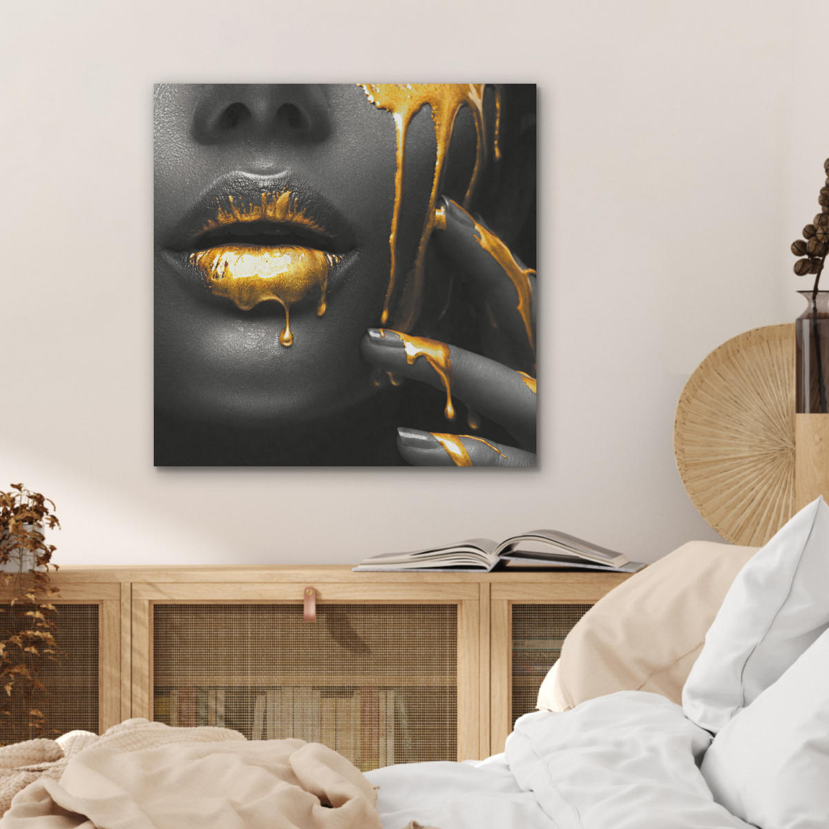 AKUSTIKBILD Frau - Schwarz - Gold - Gesicht - Lippen Wandbilder 60x60 cm - Goldfarben, Kunststoff (60/60/0.9cm) - MuchoWow