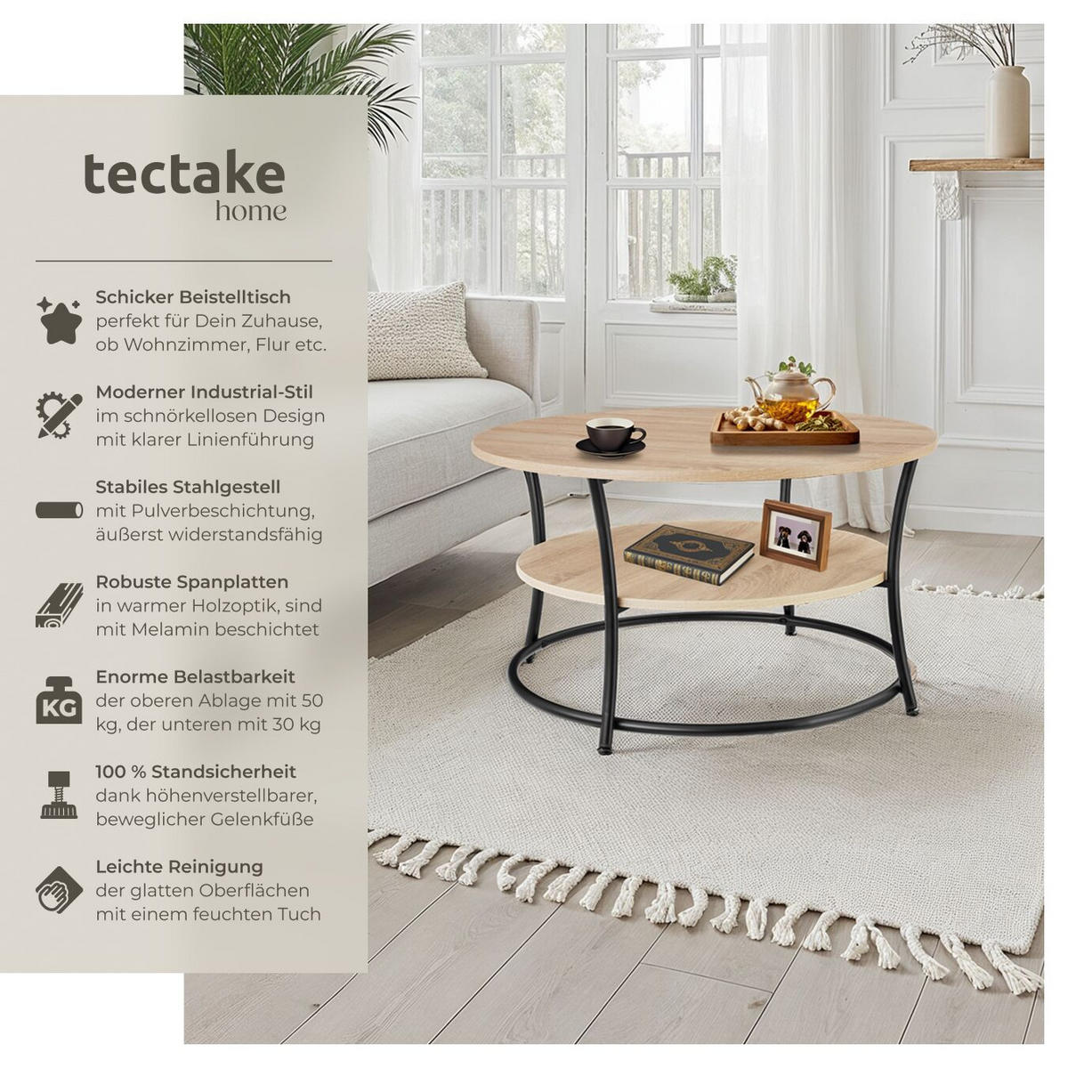 COUCHTISCH Cromford,80 x 46 cm,Industrial Holz hell, Eiche Sonoma - Naturfarben, Holzwerkstoff (80/80/46cm) - tectake