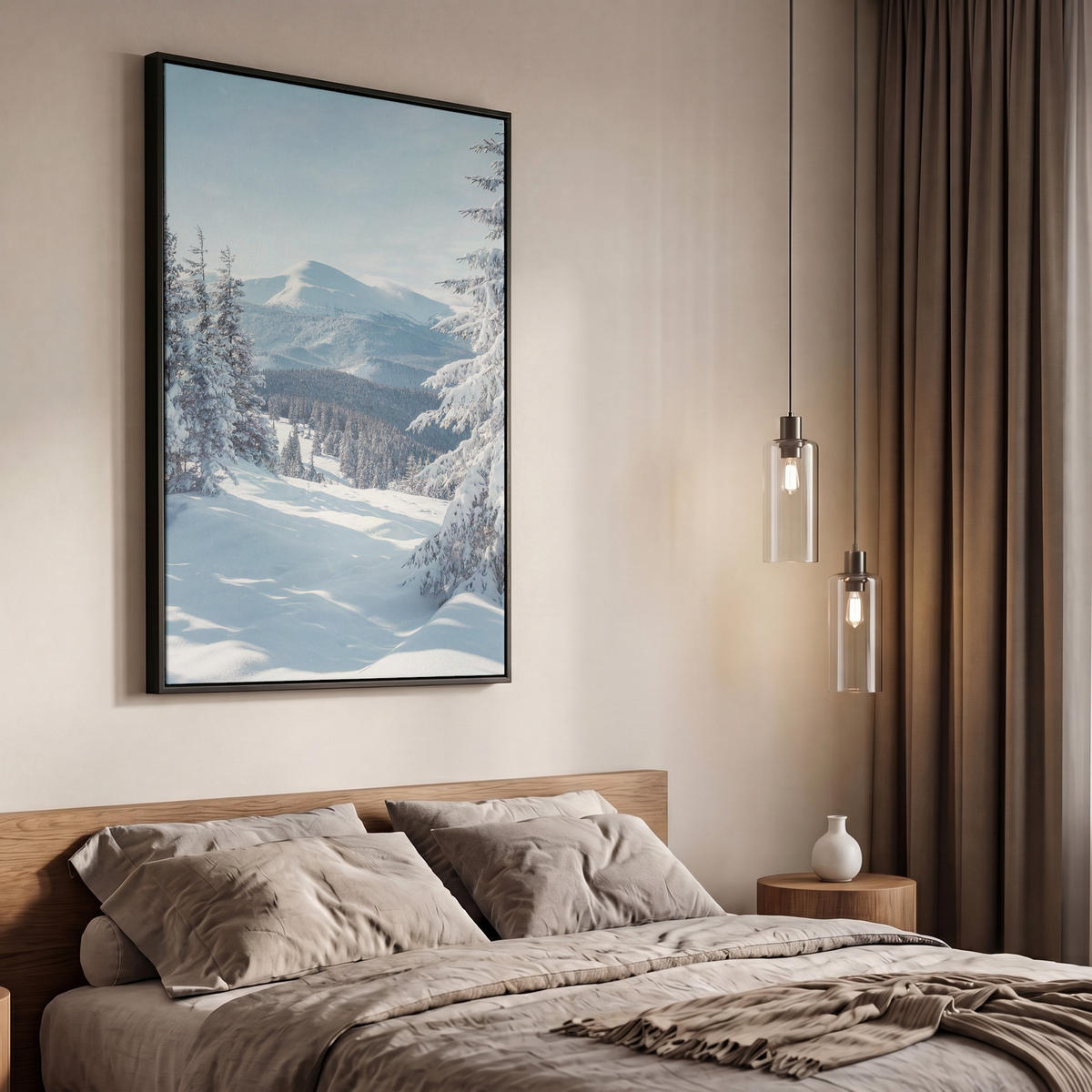 LEINWAND Bilder mit Rahmen - Winterlandschaft - Natur - Berge - Bäume - Schnee - 60x90 - Hellblau, Textil (60/90cm) - MuchoWow