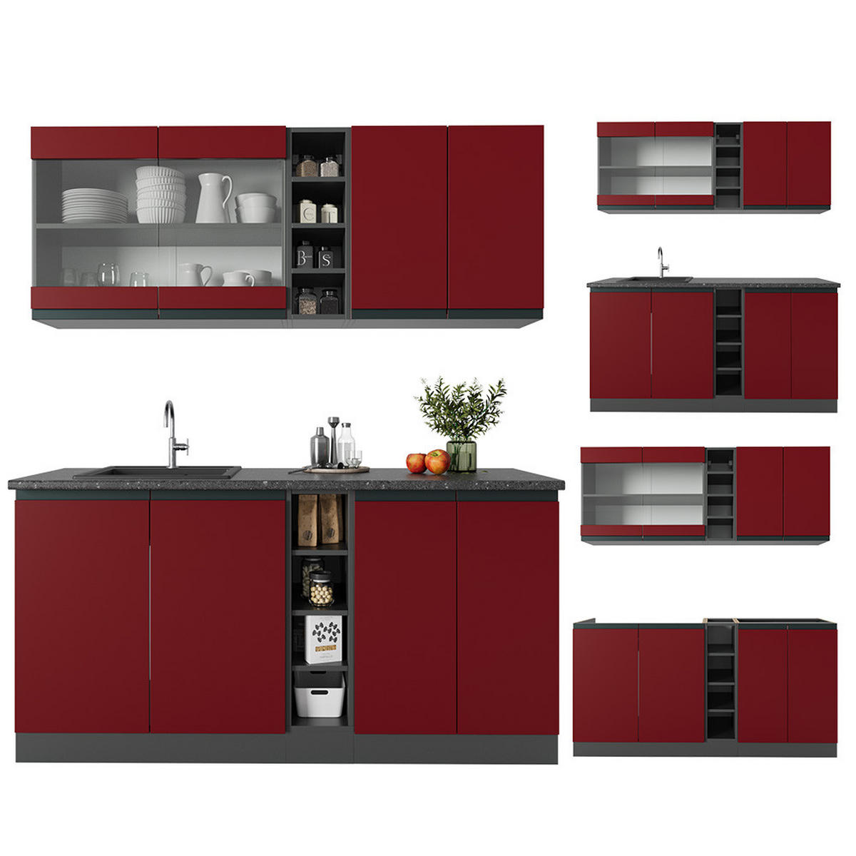 SINGLEKÜCHE R-Line Rot/Anthrazit 160 cm, AP Eiche - Anthrazit/Rot, Holzwerkstoff (160/81.6/60cm) - Vicco