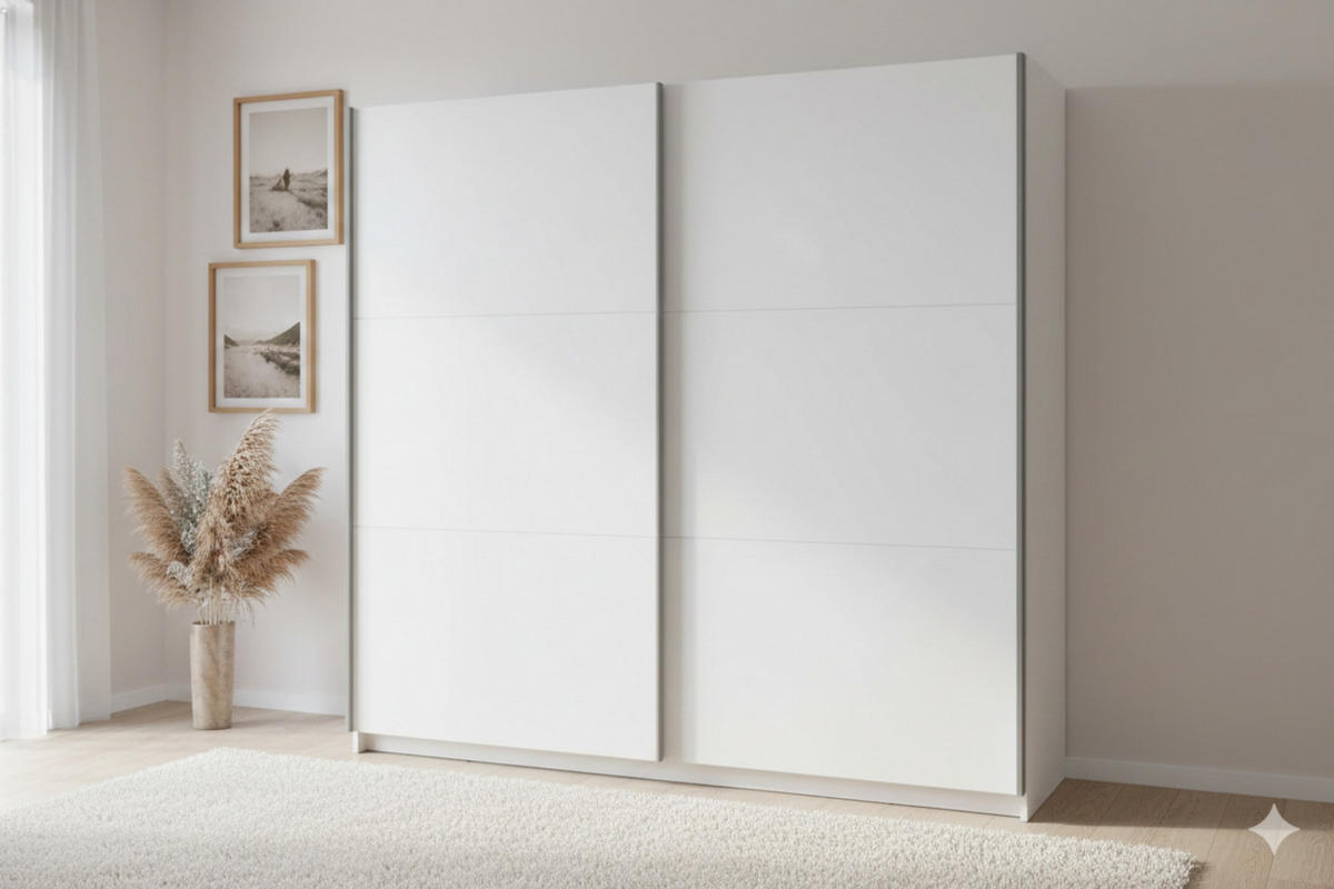 SCHWEBETÜRENSCHRANK ARLO II 150/207 cm in Weiß matt - Weiß, Holzwerkstoff (151/59/207cm) - Deine Möbel 24