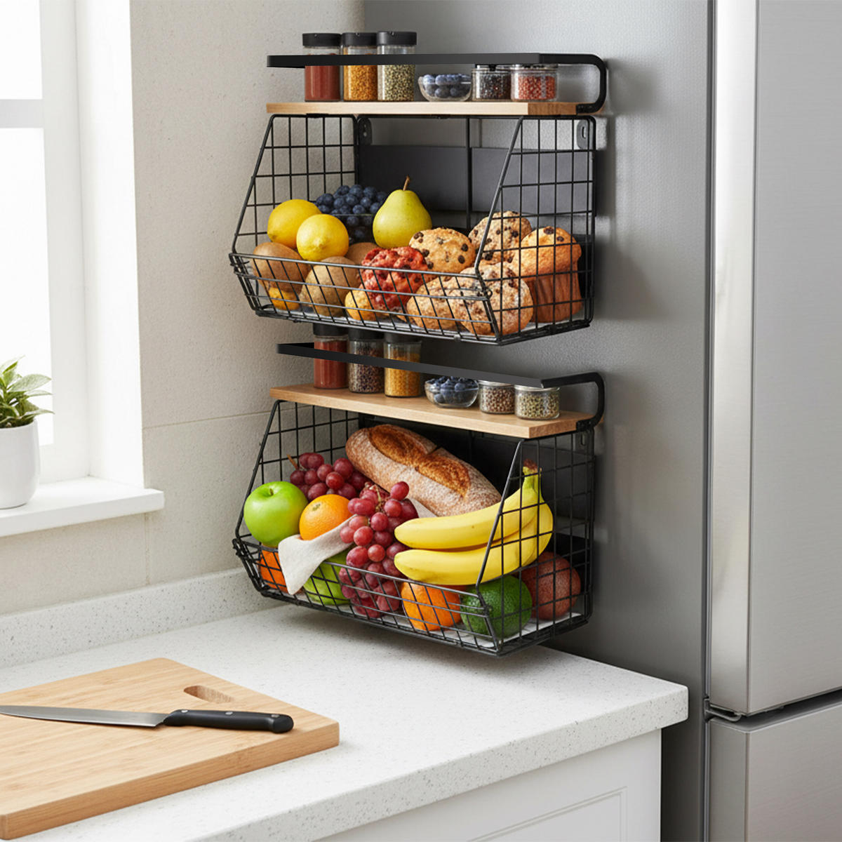 2XNÁSTENNÝ ovocný košík - čierna, kov/drevo (30cm) - Relaxdays