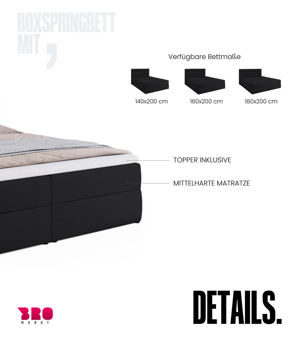BOXBETT Dakota mit Topper 180/200 Schwarz - Schwarz, Textil (180/200cm) - Bromarkt