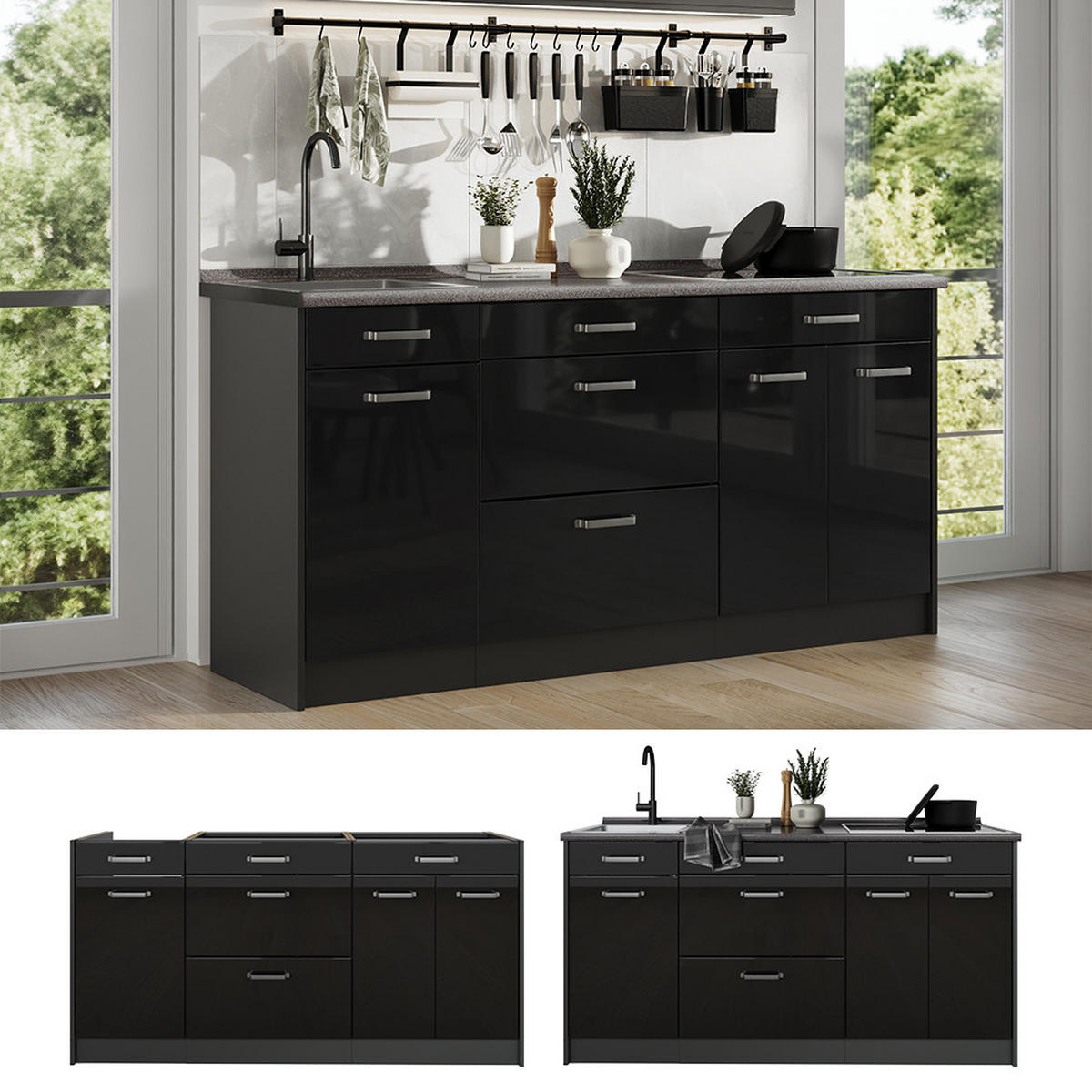 KÜCHENBLOCK R-Line, Schwarz Hochglanz/Anthrazit, 160 cm Arbeitsplatte Goldkraft Eiche - Schwarz Hochglanz/Anthrazit, Holzwerkstoff (160/81.6/60cm) - Vicco