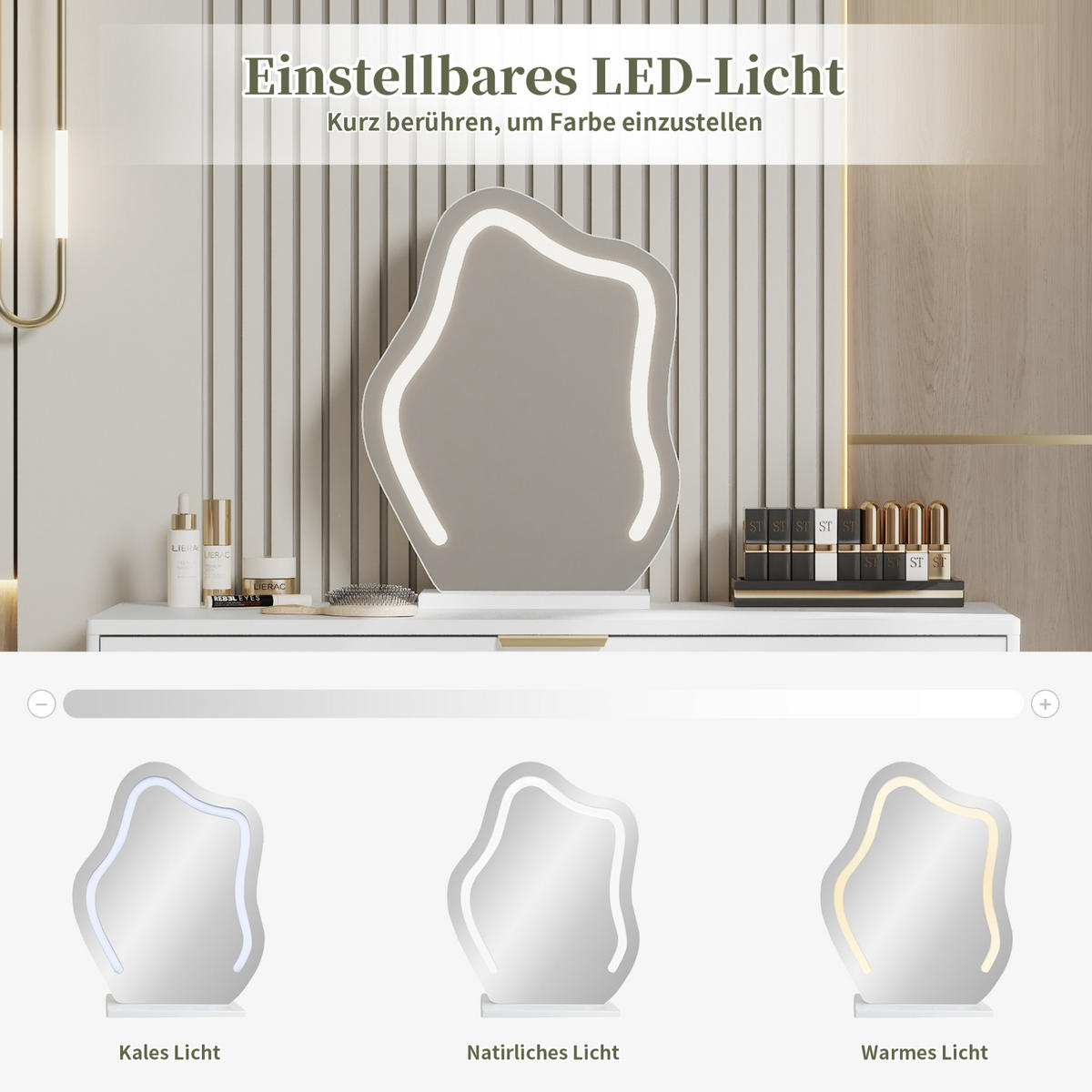 SCHMINKTISCH 100/40/78 cm Weiß mit LED-Beleuchtung und 2 Schubladen aus Spanplatte - Weiß, Holzwerkstoff (40/78/100cm) - OKWISH