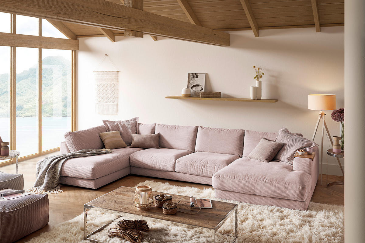 WOHNLANDSCHAFT MADELINE Pink Cord - Pink/Schwarz, Kunststoff/Textil (425/86/224cm) - KAWOLA