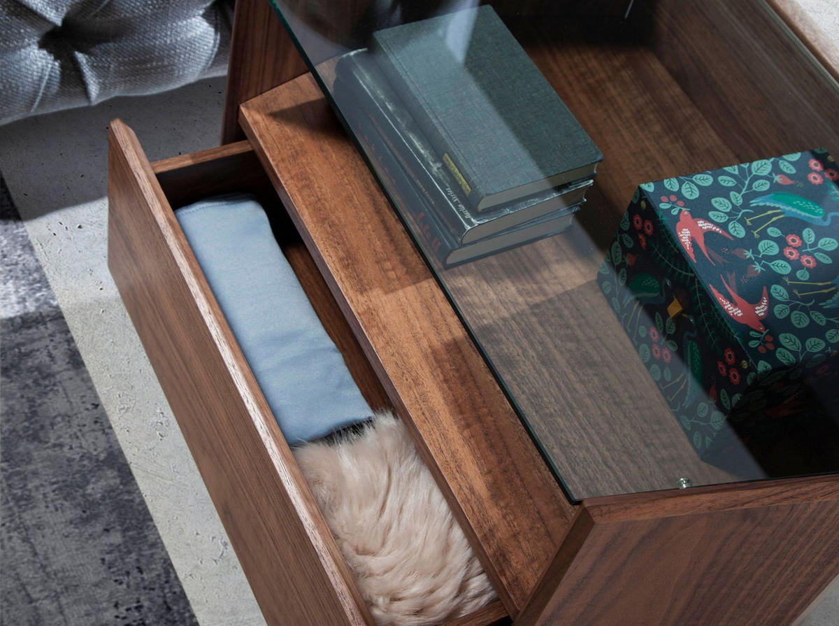 NACHTSCHRANK Nachttisch Nussbaum mit Platte aus gehärtetem Glas 65/45/50 cm - Nussbaumfarben, Glas/Holz (65/50/45cm) - ANGEL CERDA