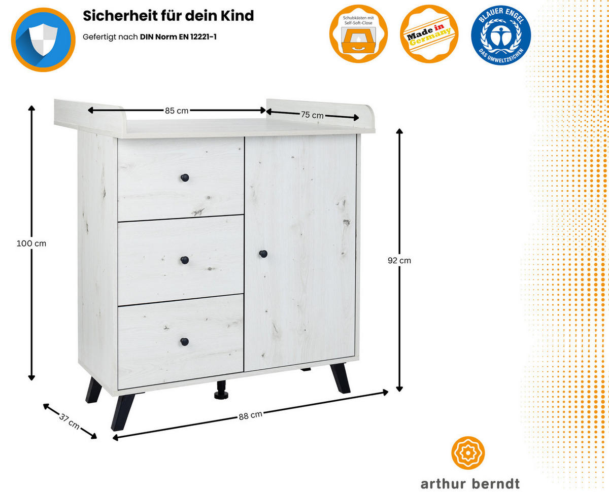 WICKELKOMMODE Lavea Landhausstil White Oak - Schwarz/Weiß, Holzwerkstoff/Kunststoff (88/100/75cm) - arthur berndt
