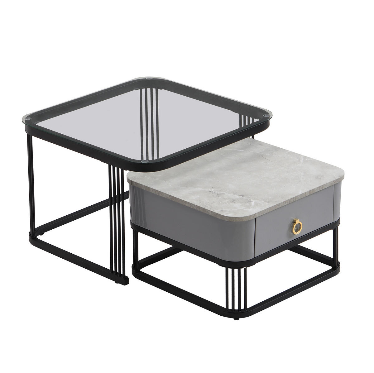 COUCHTISCH-SET aus MDF 60x60x44,5+50x50x34,5 cm Schwarz/Grau mit Schubladen und verschachteltem Design - Schwarz, Holzwerkstoff (60/60/45cm) - Modfu