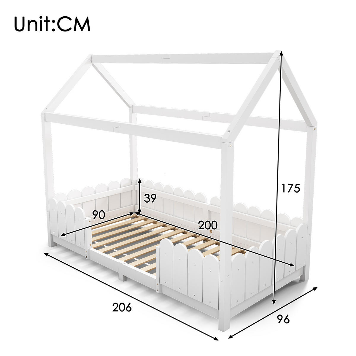 HAUSBETT 90/200 cm Weiß mit Rausfallschutz und Lattenrost - Weiß, Holz (90/200cm) - OKWISH