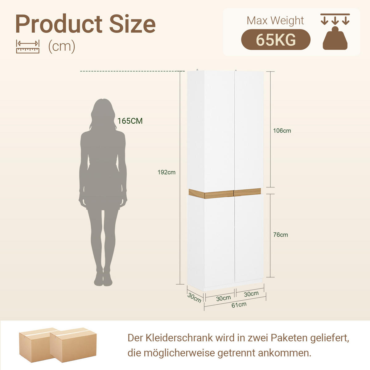 KLEIDERSCHRANK schmal, 61 x 192 x 30 cm, weiß, mit Kleiderstange und Fächern, 30 cm tief für Schlafzimmer und Flur - Weiß, Holzwerkstoff (61/192/30cm) - SoBuy