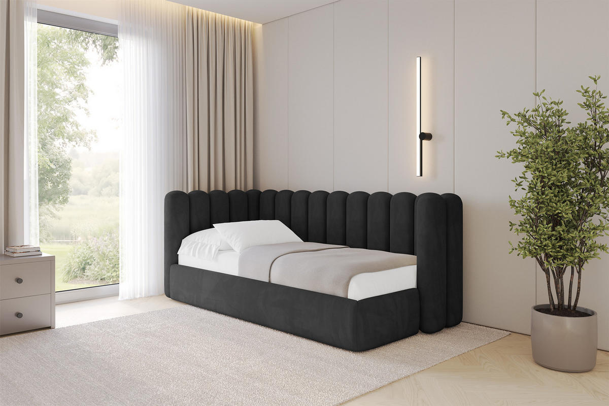 EINZELLBETT Jugendbett mit Bettkasten und Matratze H3/H4, Rechts - HUGY 100x200 Schwarz - Anthrazit, Holzwerkstoff/Textil (100/200cm) - ALTDECOR