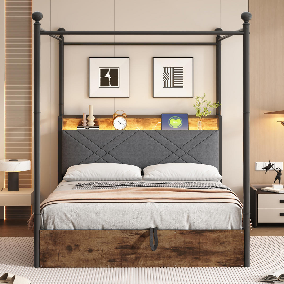 KREVET 140/190 cm s odvojivim baldahinom, LED osvjetljenjem, USB/Type-C priključkom i hidrauličnim spremištem, Crna - crna, metal (140/190cm) - Redom