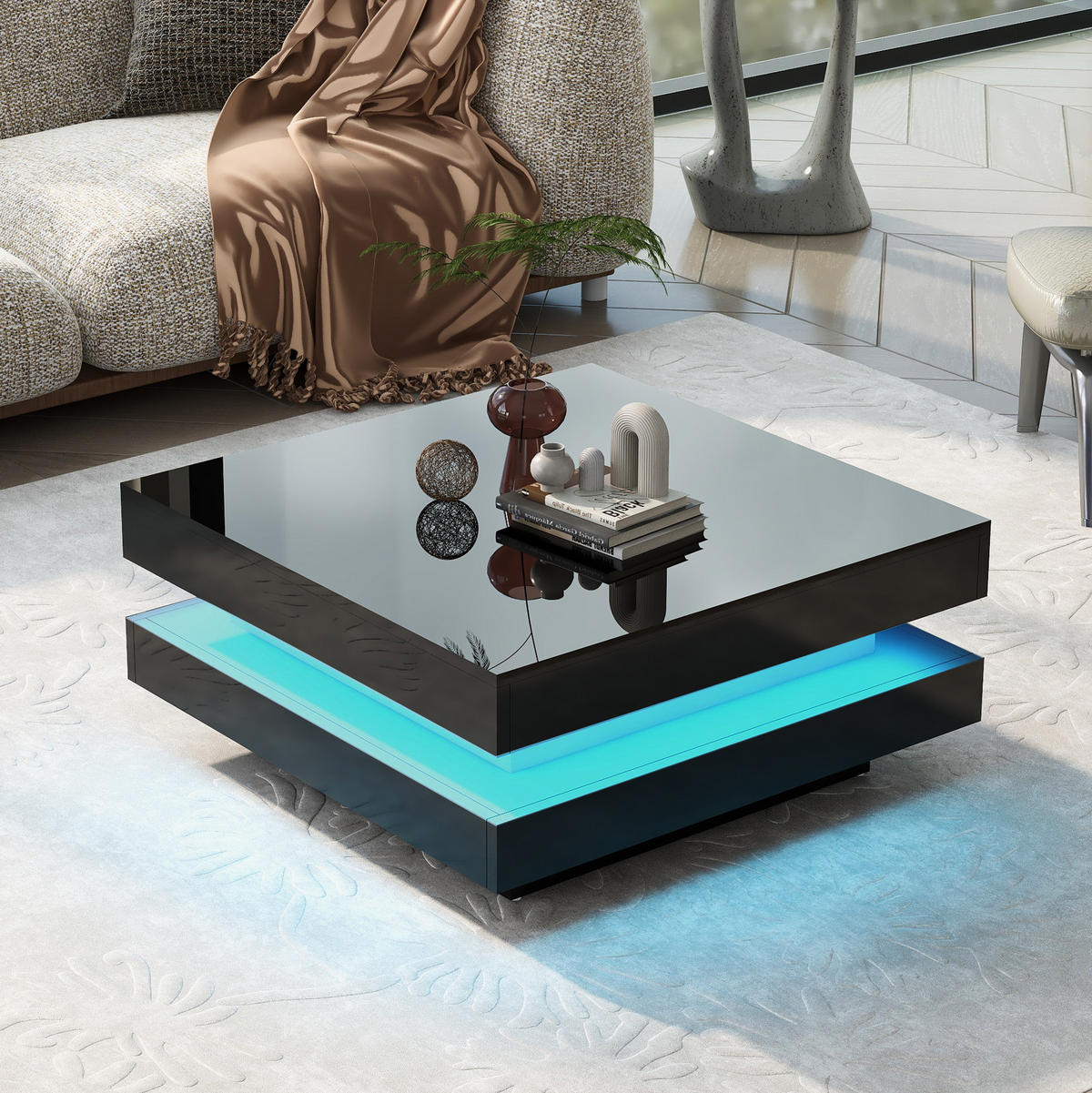 COUCHTISCH 70/70/36 cm mit LED-Beleuchtung, Bluetooth-App-Steuerung und Hochglanz-Oberfläche, Schwarz - Schwarz, Holzwerkstoff (70/70/36cm) - Redom