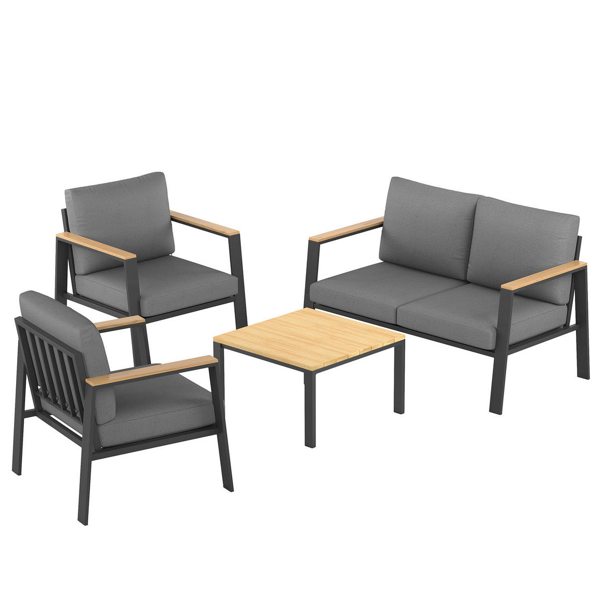 LOUNGESET - 4-teilig - Eukalyptus massiv / Polyester - Braun / Anthrazit - Braun/Grau, Holz/Textil - home24