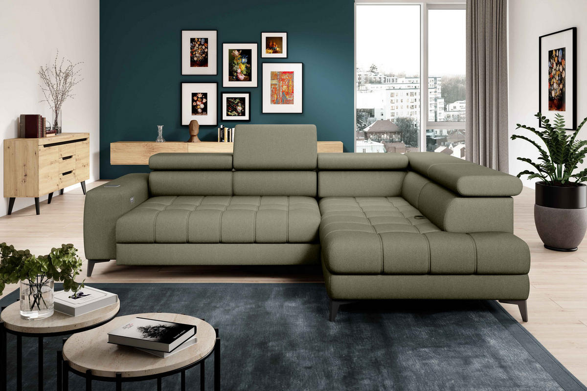 ECKSOFA BAGGIO Letto Stoff, Schlaffunktion, Bettkasten, Sitztiefe, Kopfstützen 280x196cm – Rechts – Hellgrün - Hellgrün, Holz/Textil (280/196cm) - DomoHome