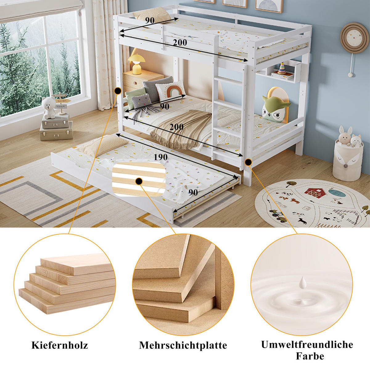 ETAGENBETT mit ausziehbarem Bett, Regalfach und 4-stufiger Leiter, Weiß, 90/200 cm - Weiß, Holz (90/200cm) - MIVRAY