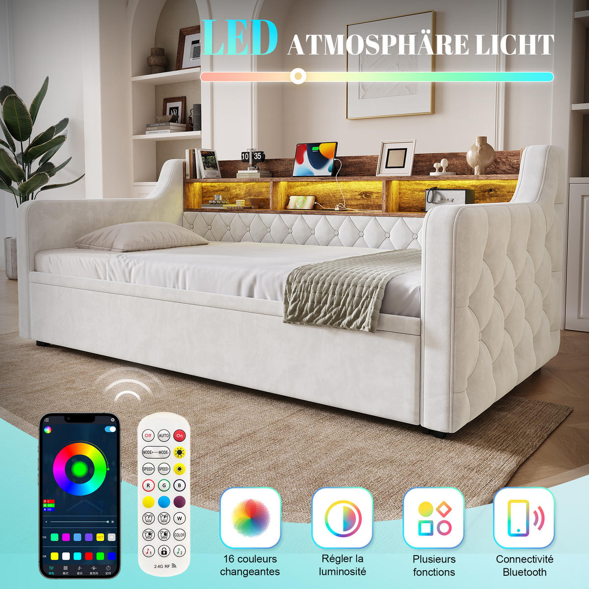 SCHLAFSOFA Beige aus Samt mit Ausziehbett, Stauraumkopfteil, LED und USB-Ladeanschlüssen - Beige, Textil (107/80/201cm) - Luhomfu