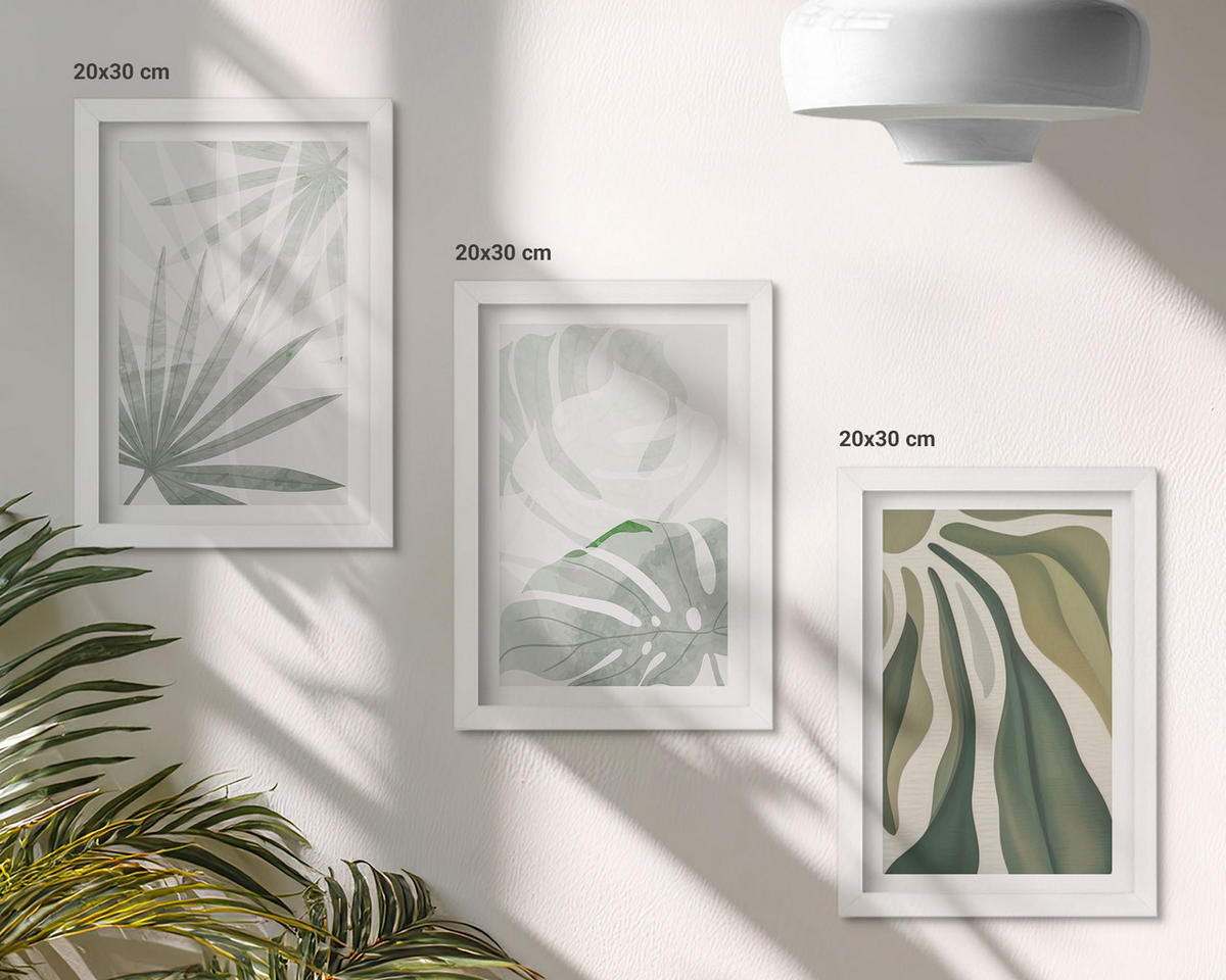WANDBILDER 3er-Set - 20x30 cm Weißer Rahmen - Blätter von Pflanzen in Grün und Grau - Weiß, Kunststoff (20/30cm) - ArtPrintCave