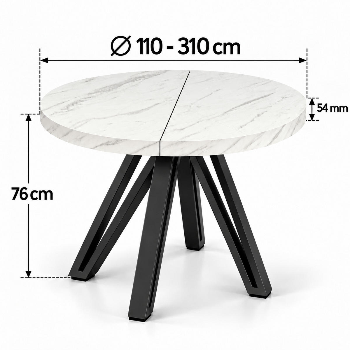 ESSTISCH rund ausziehbar 110/310/76 cm, Marmor, 54 cm Tischplatte + Industrial Metallgestell Schwarz - Hellgrau/Schwarz, Holzwerkstoff/Metall (110/310/76cm) - Damale Möbel