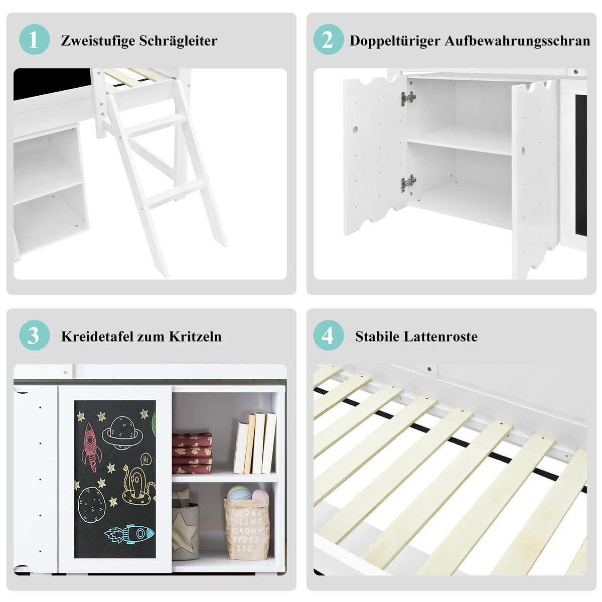 HOCHBETT 90/200 cm Weiß Schwarz mit Stauraum und Kreidetafel aus Kiefer und MDF - Weiß, Holzwerkstoff (90/200cm) - OKWISH