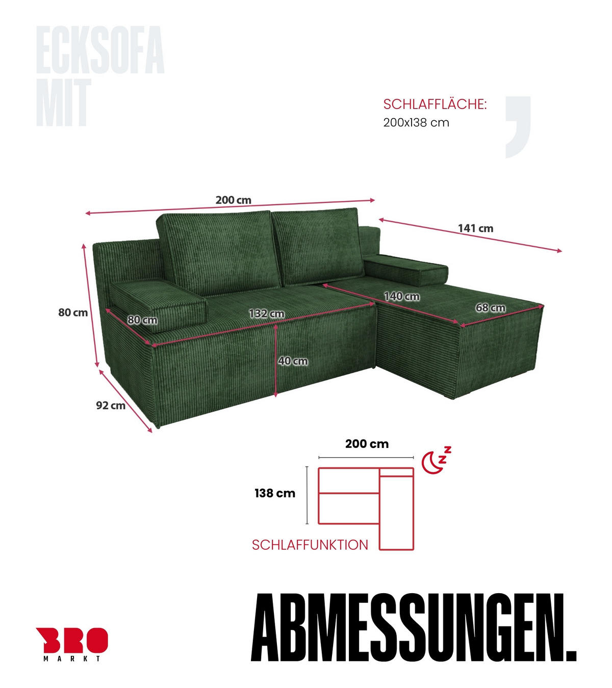 ECKSOFA Caspar mit Schlaffunktion Grün Cord - Grün, Textil (200/141cm) - Bromarkt