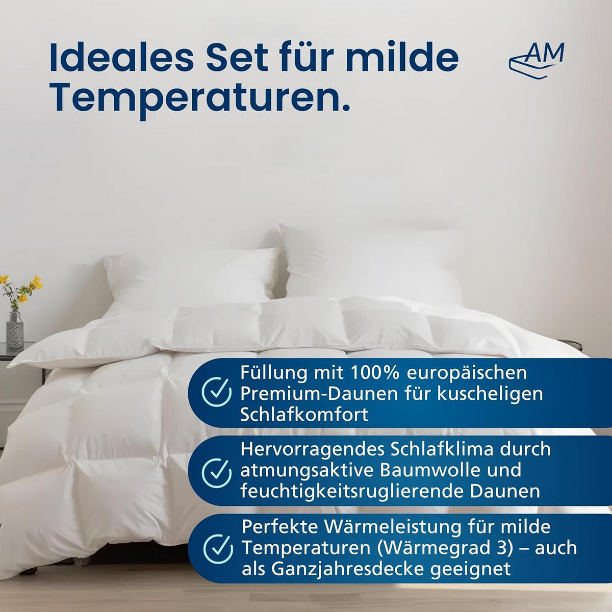 BETTWAREN SET Daunen Ganzjahr 155/220cm, Kissen 40/80 cm 2er Set - Weiß, Textil (155/220cm) - AM Qualitätsmatratzen