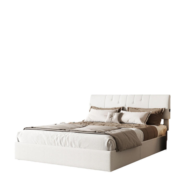 KLÄDD säng 160x200 Teddy sammet gastrycksförvaring - Vit, Metall (160/200cm) - SHOPENTRA