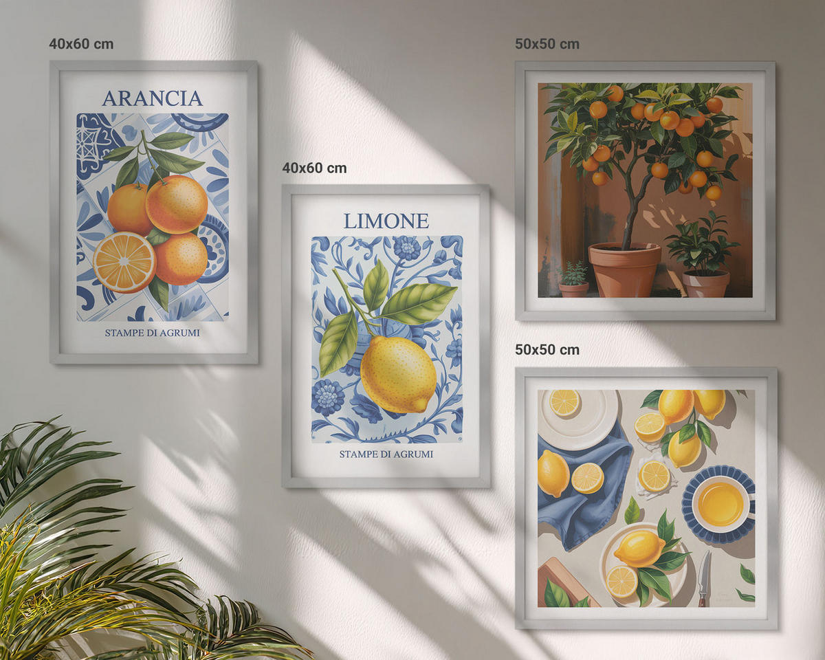 BILDER SET 4er Set - 50x50 cm & 40x60 cm Silberner Rahmen - Illustrationen von Zitrusfrüchten - Silberfarben, Kunststoff (50/50cm) - TULUP