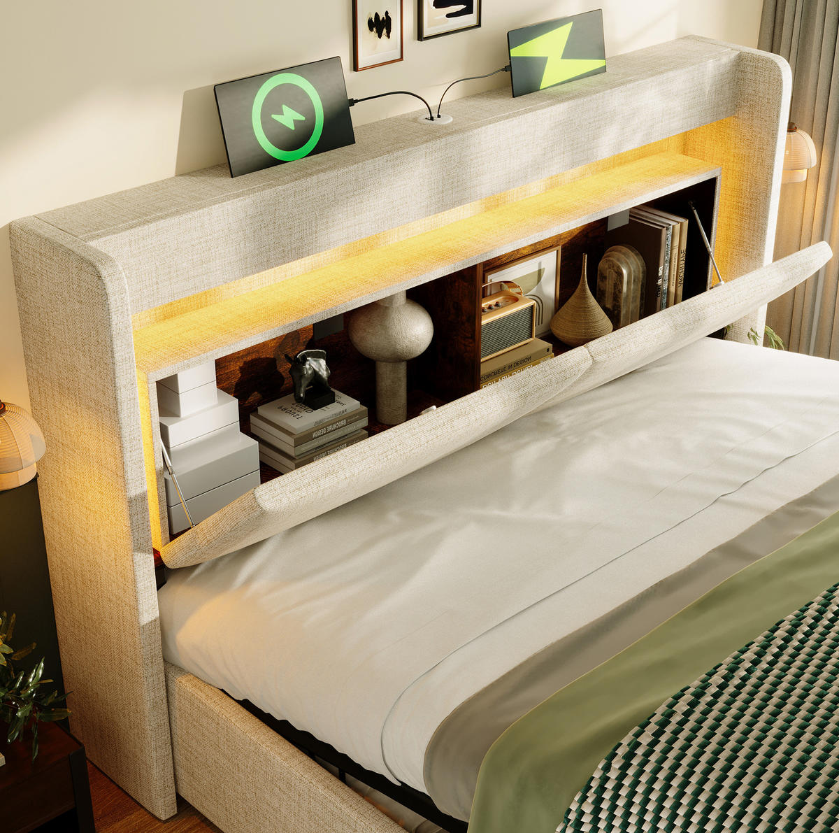 POLSTERBETT 140/200 cm Beige aus Leinen mit LED und Stauraum - Beige, Textil (140/200cm) - OKMYHOME
