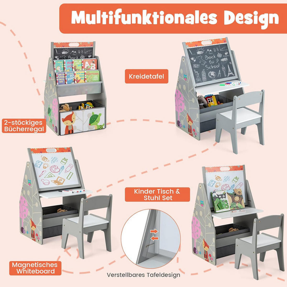 KINDERSITZ-SET mit magnetischer Whiteboard-Tafel grau(2-tlg) - Grau, Holzwerkstoff (50/85/50cm) - COSTWAY