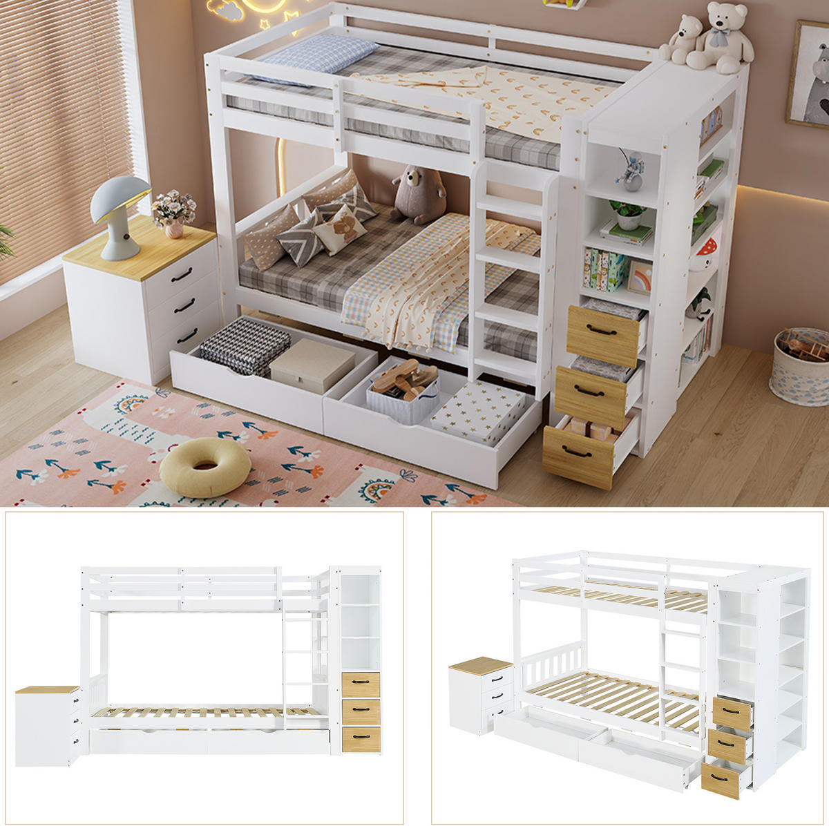 ETAGENBETT aus Holz 90x200 cm Weiß/Natur mit 2 Bettkästen, Stauraumregal, Leiter und Nachtkommode - Weiß, Holz (90/200cm) - Modfu