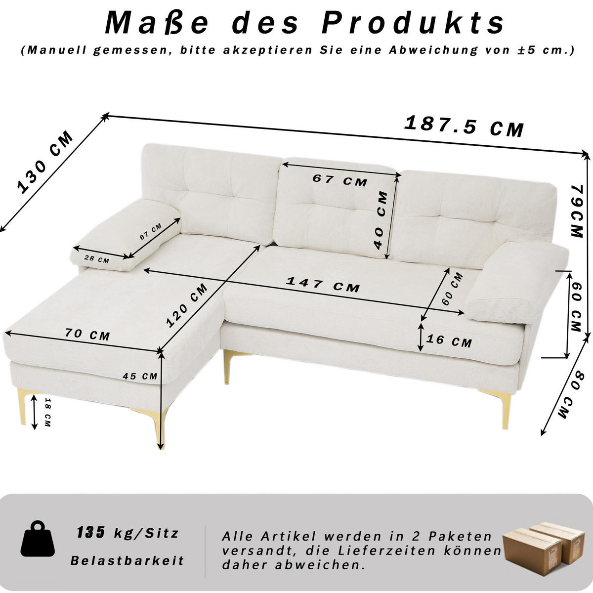L-FÖRMIGES ECKSOFA Beige 187,5/130/79 cm 3-Sitzer Chenillebezug - Beige, Holz (187.5/130cm) - PANGIVO