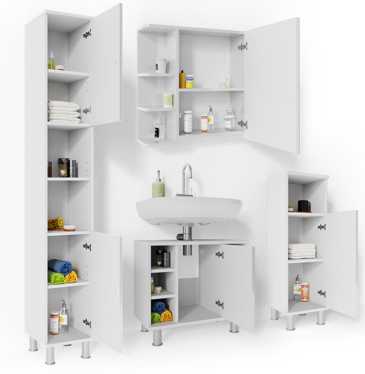 BADMÖBEL-SET Fynn Weiß Hochglanz 4 Teile - Weiß Hochglanz/Weiß, Holzwerkstoff (60/54/32cm) - Vicco