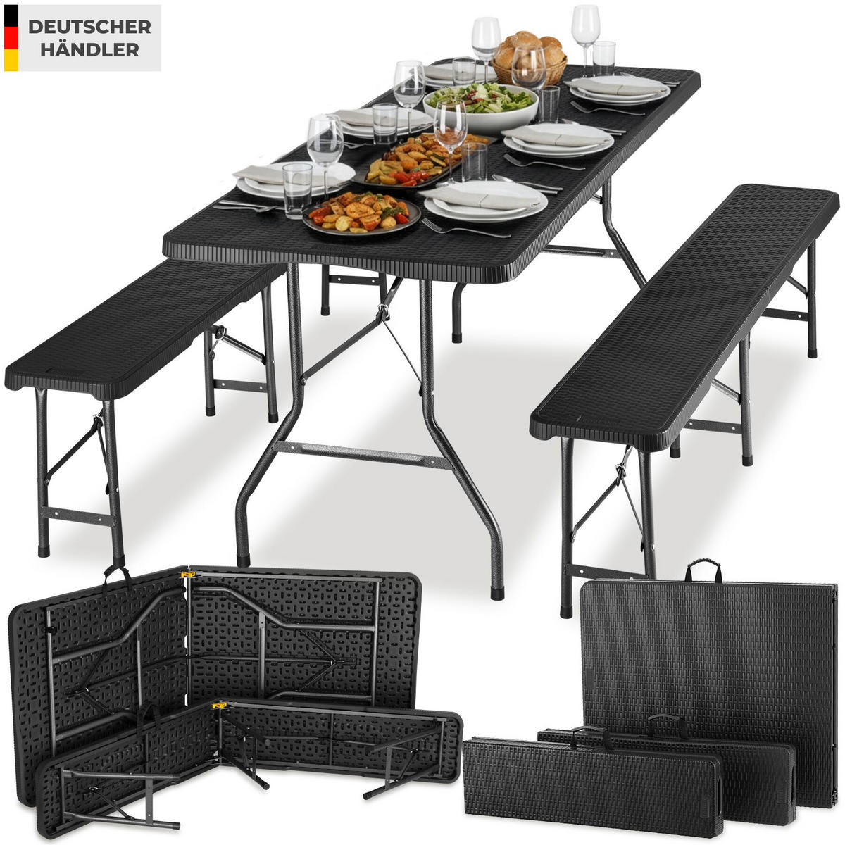 BIERZELTGARNITUR Vani, mit Tragegriffen, schwarz-Rattanoptik - Schwarz, Naturmaterialien/Kunststoff (180/74/72cm) - tectake
