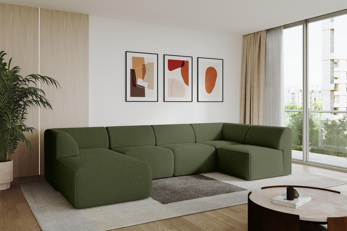 WOHNLANDSCHAFT Ottomane Links MOVA 345x180x78 Grün Bouclé - Schwarz/Grün, Holzwerkstoff/Kunststoff (180/78/345cm) - ALTDECOR