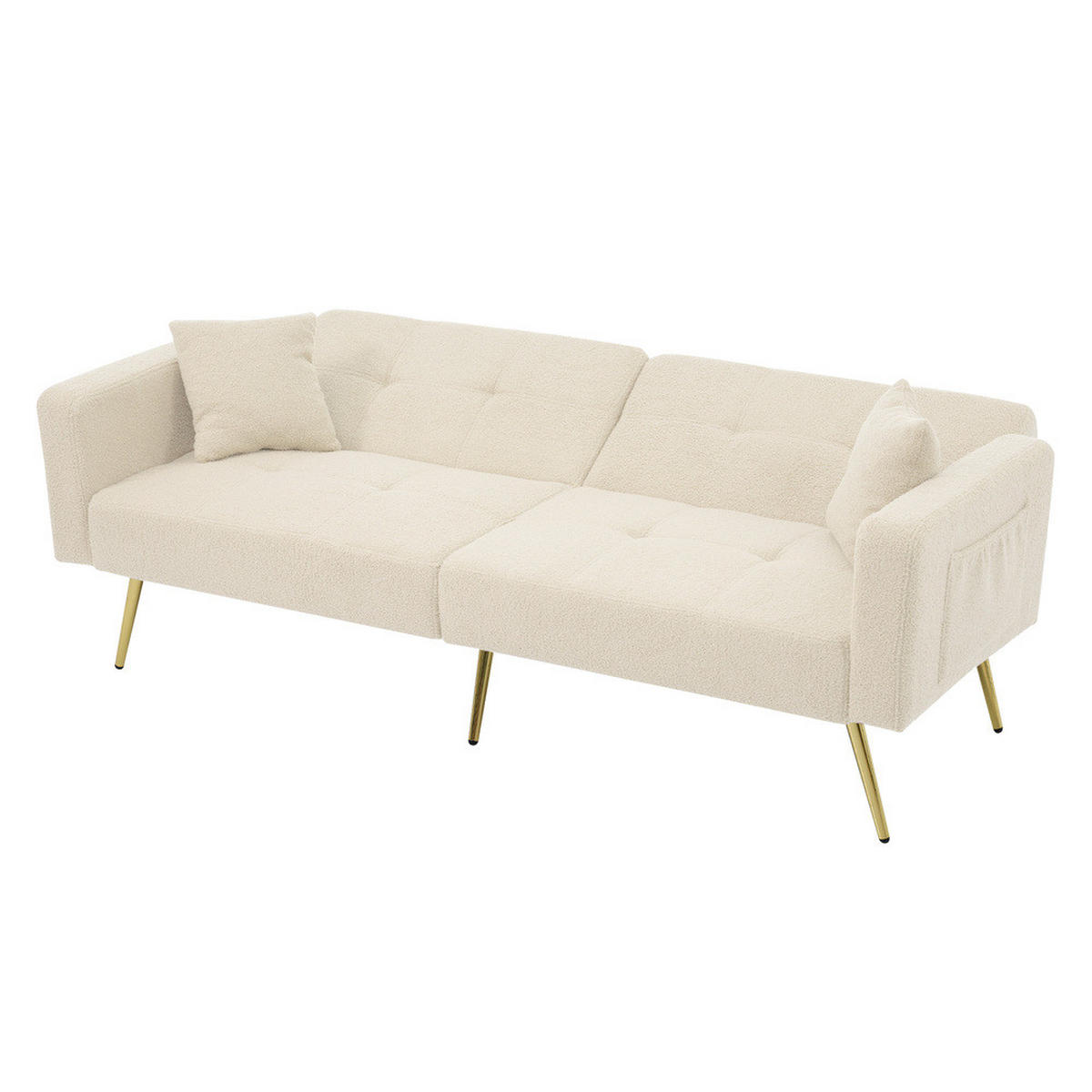 SOFA Schlaffunktion Verstellbar Goldene Beine Aufbewahrungstaschen Kissen - Beige, Holz (90.93/18.42/80.26cm) - FLIEKS