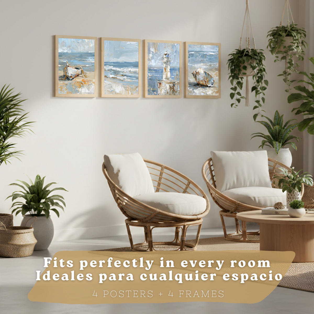 PLAKAT Sada 3 tisků s motivy pláže, moře a francouzské riviéry: maják a loď. Nástěnná dekorace. Přímořská scenérie. Velikost Světlý dřevěný rám A3 - béžová, papír (29.7/42/3cm) - Nacnic