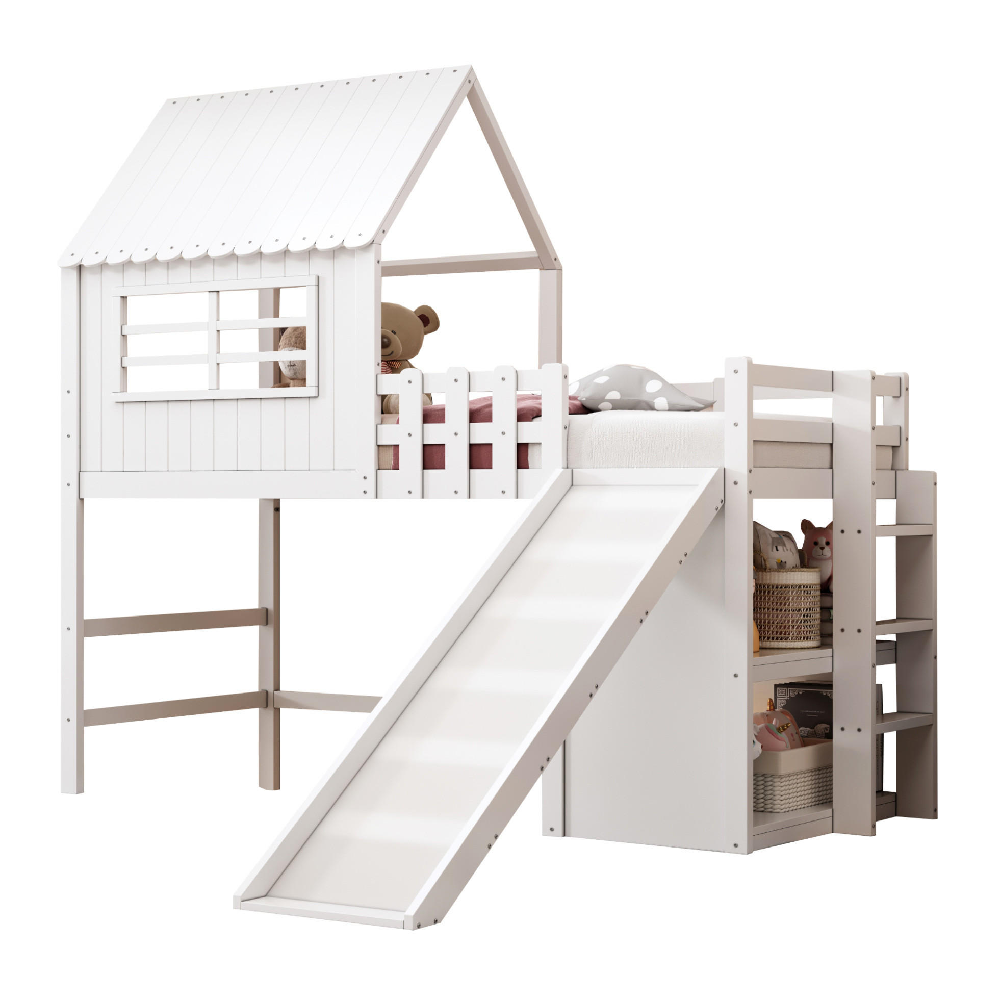 KINDERBETT 90/200 cm mit Rutsche, Leiter und Dachdesign aus Massivholz mit Stauraum, Weiß - Weiß, Holz (90/200cm) - Redom