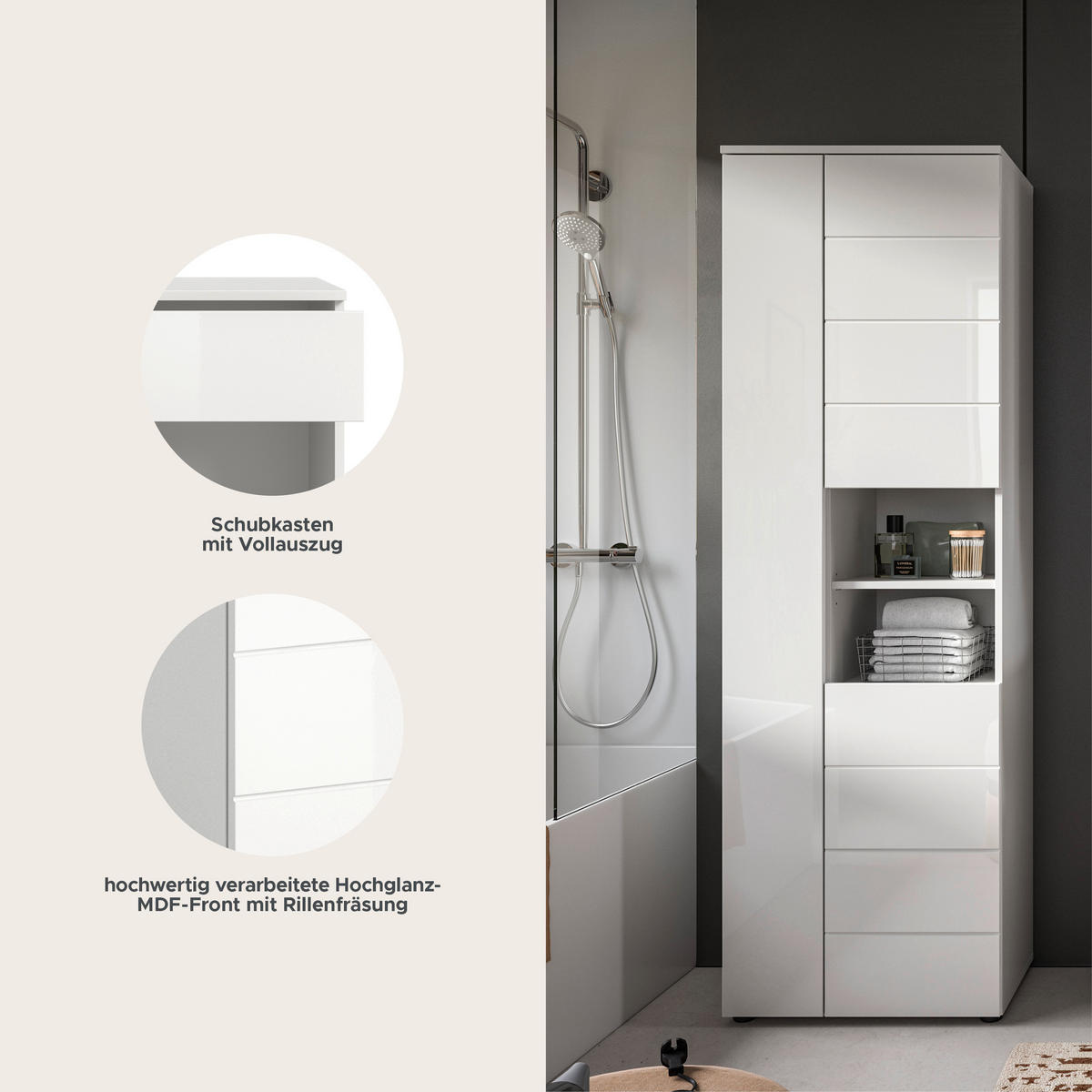 HOCHSCHRANK VIRA (B/H/T: ca. 60/190/34 cm) in weiß/weiß hochglanz - Weiß, Holzwerkstoff (60/190/34cm)