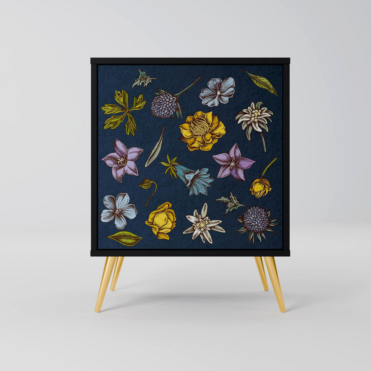 SIDEBOARD FLOWERS ON NAVY BLUE, Schwarz, 57,5x42x75,5 cm, Goldfarbene Metallfüße - Goldfarben/Multicolor, Holzwerkstoff/Metall (57.5/75.5/42cm) - SpaceRebels
