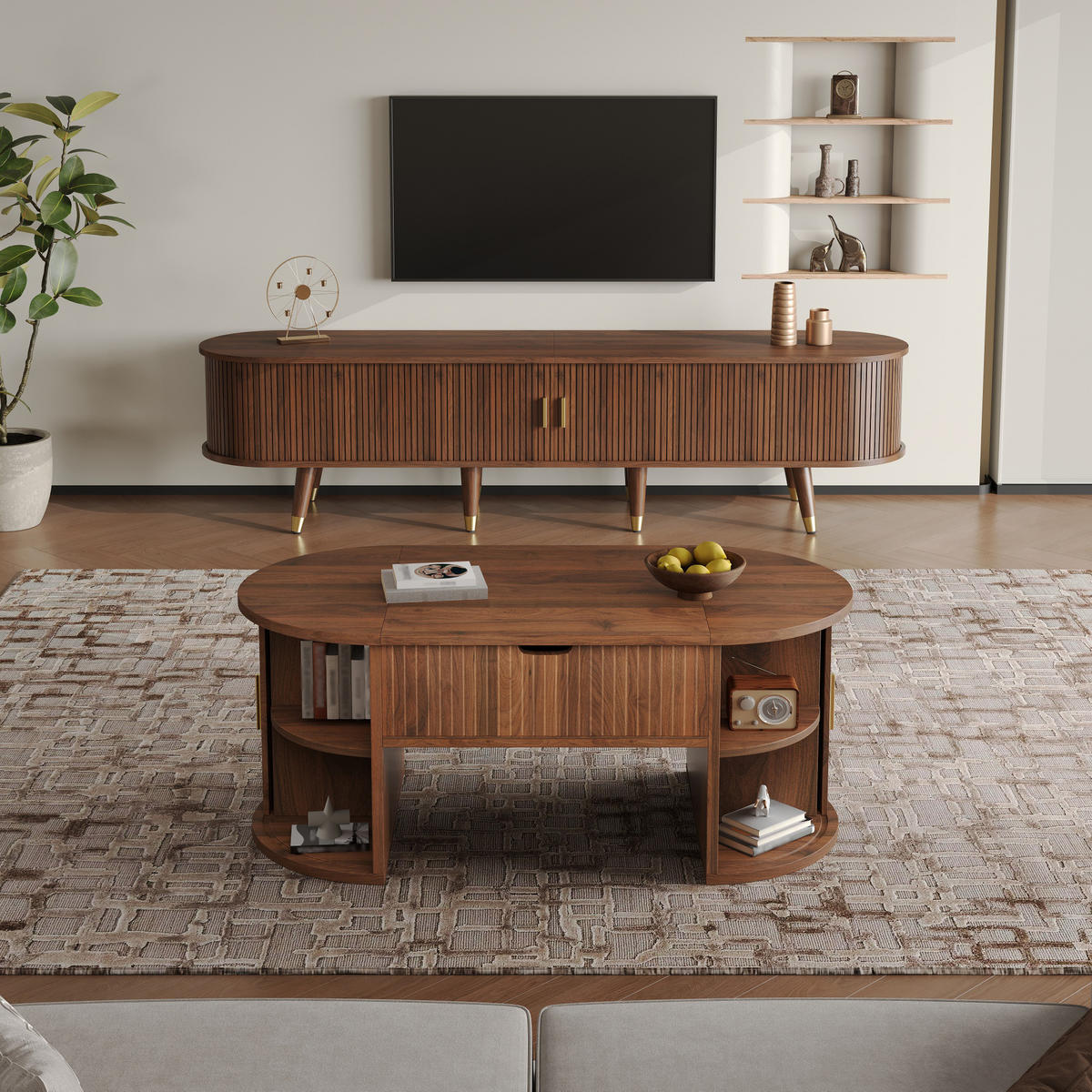 LOWBOARD DE-40186 und Couchtisch mit Schiebetüren Nussbaum - Walnussfarben, Holzwerkstoff (100/40.5/50cm) - ComfortXL
