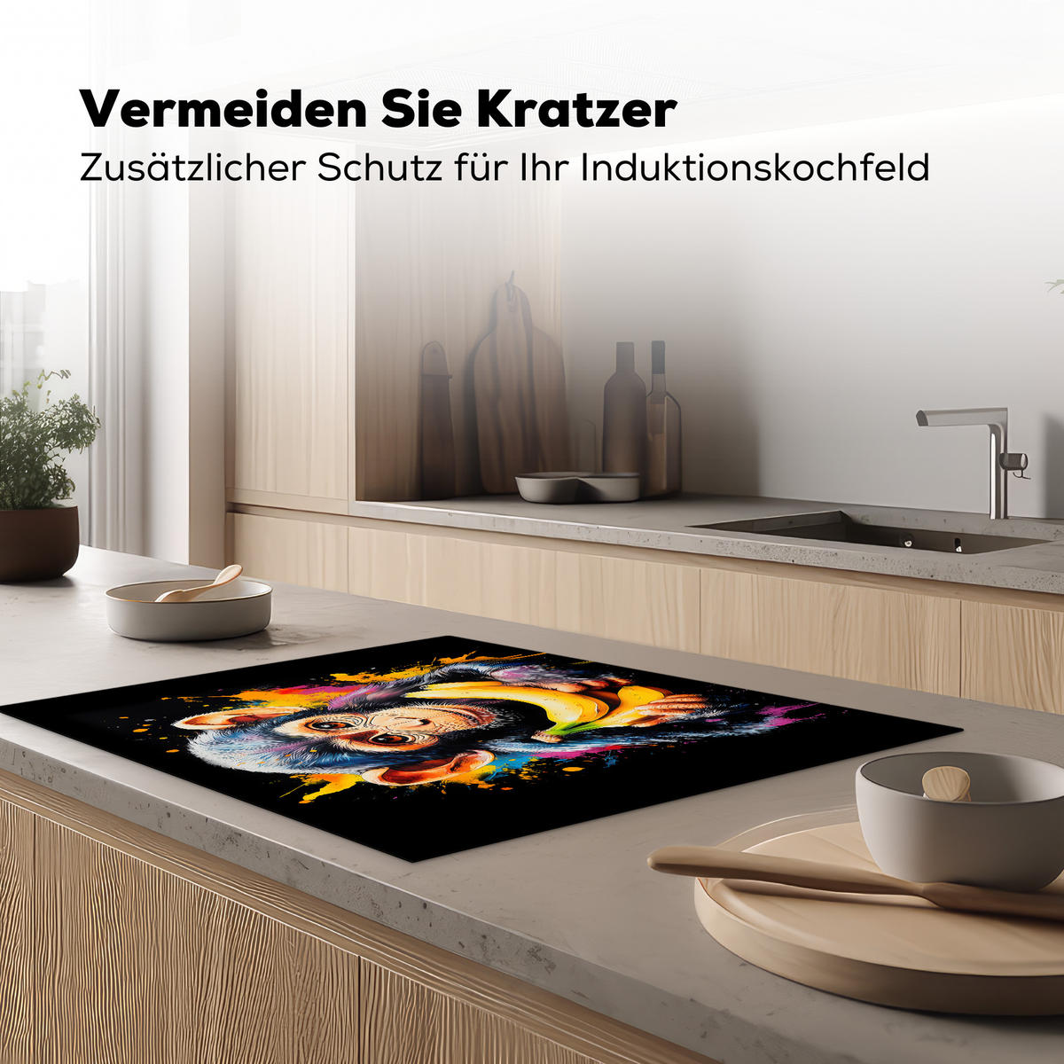 HERDABDECKPLATTE Affe - Graffiti - Farbenfroh - Bananen - Modern 77x59 cm - Gelb, Kunststoff (77/59/0.2cm) - MuchoWow