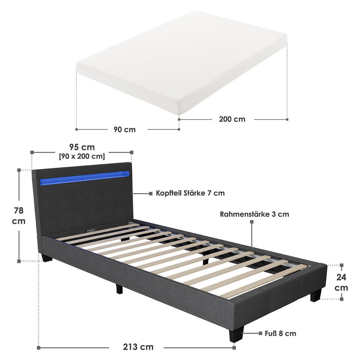 POLSTERBETT Verona mit Matratze und LED dunkelgrau 90x200cm - Grau, Textil (90/200cm) - Juskys