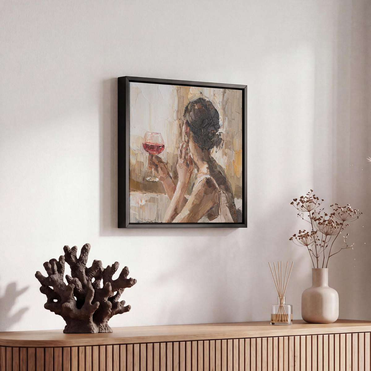 LEINWAND Bilder mit Rahmen - Ölgemälde - Frau - Wein - 20x20 - Hellbraun, Textil (20/20cm) - MuchoWow
