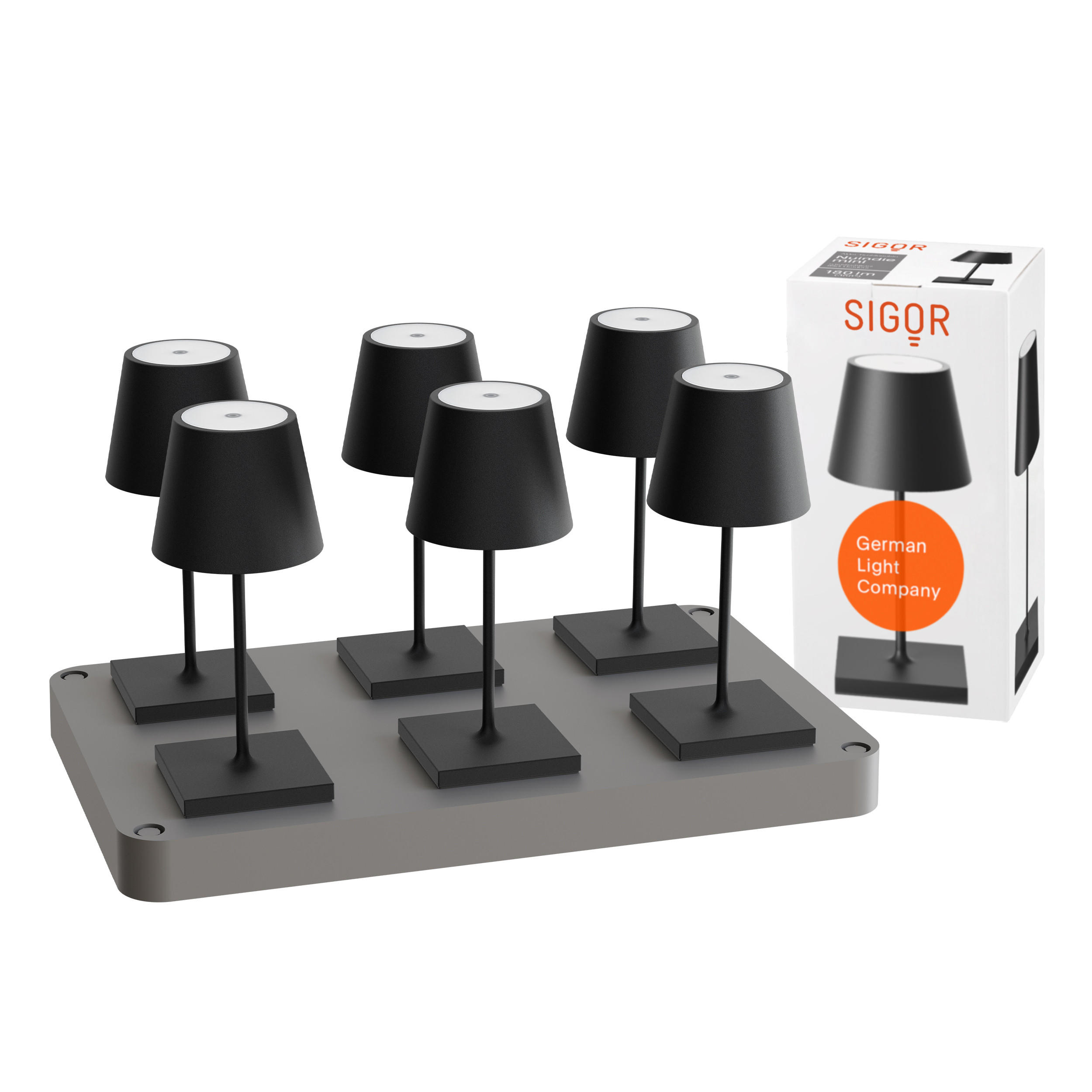 LED Akku-Tischlampe, Nuindie mini 3.0 6er-Set mit Ladestation, nachtschwarz - Schwarz, Metall (25/10/25cm) - Sigor