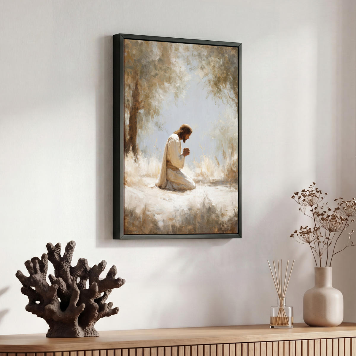 LEINWAND Bilder mit Rahmen - Jesus - Kniend - Waldlandschaft - Betend - 30x40 - Beige, Textil (30/40cm) - MuchoWow