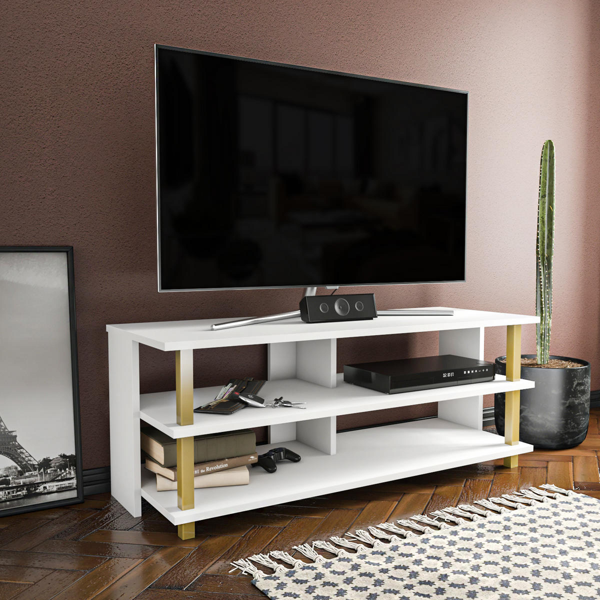 TV Board Pueblo Gold-Weiß - Goldfarben/Weiß, Holzwerkstoff (120/47/45cm) - Decorotika